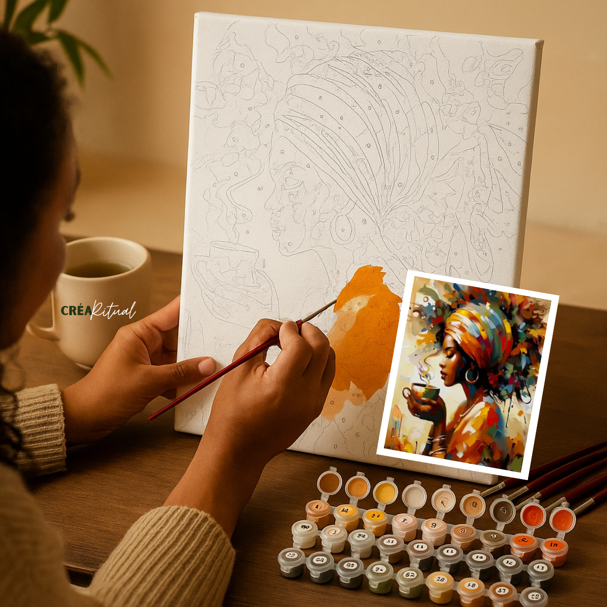 Femme de couleur peignant calmement une peinture par numéros colorée, ambiance douce et apaisante – rituel créatif CréaRitual.
